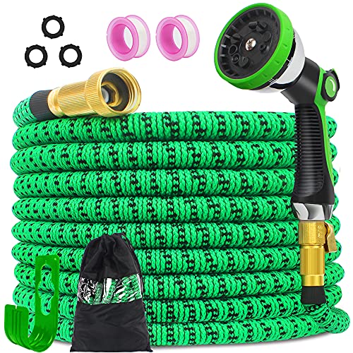 Expandable Water Hose 50ft Flexible Garden Hose with 10 Function Spray Nozzle  34 Solid Brass Fittings  Durable Latex Core  Hose Holder No Kink Lightweight Hose Pipe Set for Outdoor(Green)