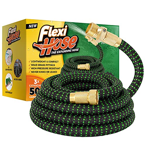 Flexi Hose Expandable Garden Hose Lightweight  NoKink Flexible Garden Hose 34 inch Solid Brass Fittings and Double Latex Core 50 ft Green Black