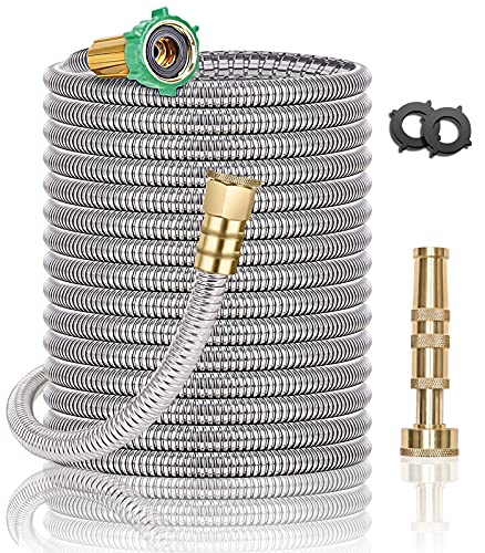 MECORDS Steel Metal Garden Hose 100FT Heavy Duty Lightweight 304 Stainless Steel Metal Water Hose with Brass Nozzle Durable Fittings No Kink  Tangle Puncture ResistantEasy to Use  Store Silver