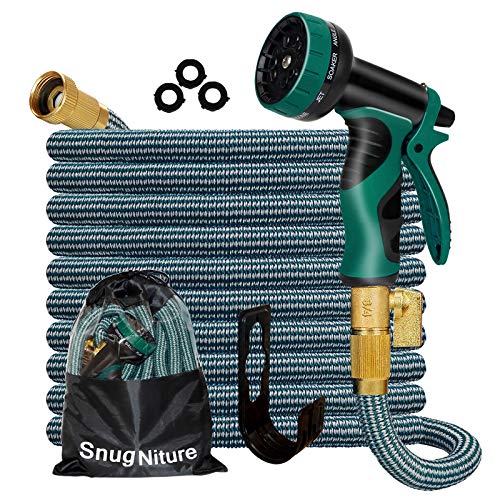 SnugNiture 100FT Expandable Garden Hose with 10 Function Spray Nozzle Superior Strength 3750D NoKink Expanding Pipe Leakproof Lightweight Water Hose with 34 Solid Connector