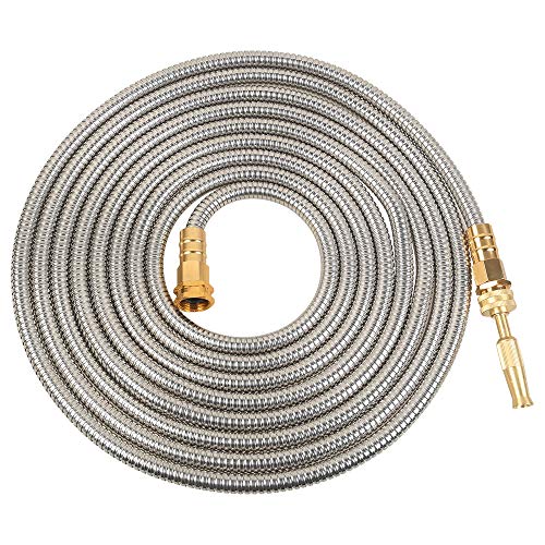 VERAGREEN Stainless Steel Metal Garden Hose 304 Stainless Steel Water Hose with Solid Metal Fittings and Newest Spray Nozzle Lightweight Kink Free Durable and Easy to Store(75FT)