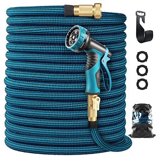 WHIMSWIT 100FT Garden Hose Expandable Hose Flexible Water Hose with Spray Nozzle Car Wash Hose with Solid Brass Connector Leakproof Lightweight Expanding Pipe for Watering and Washing