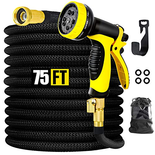 Garden Hose 75 FT Smartland Expandable Water Hose Expanding with 10 Function Nozzle Durable 4 Layers Latex Solid Brass Fittings Extra Strength Fabric Lightweight Yard Hose for Watering