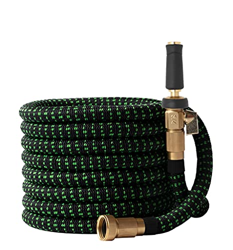 Garden Hose Flexible Expandable Retractable  GreenFriendlyHome No Kink Expanding Water Hose Strongest Fabric Multi Latex Core Solid Brass Fittings Strongest Spray Hose Nozzle (Black Green 50 FT)
