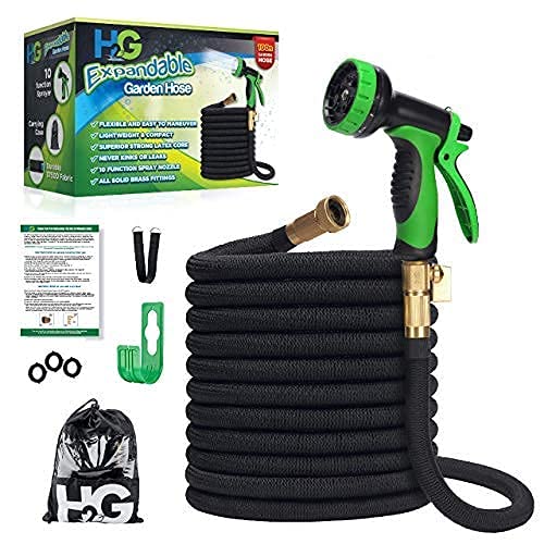 H₂G Flexible Garden Hose 100ft  Expandable Superior Strength Lightweight Retractable Water Hose 100 ft  Expanding Black Flex No Kink Shrinking Hoses  34 Brass Connectors  10 Mode Sprayer