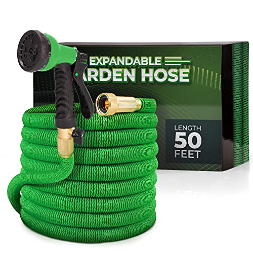 Joeys Garden Expandable Garden Hose with 8 Function Hose Nozzle Lightweight AntiKink Flexible Garden Hoses Extra Strength Fabric with Double Latex Core (50 FT Green)