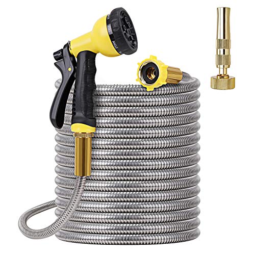 FOXEASE Metal Garden Hose 25FT Stainless Steel Heavy Duty Water Hose with Solid Metal Nozzle 8 Function Sprayer Portable  Lightweight Kink Free Yard Hose Outdoor Hose