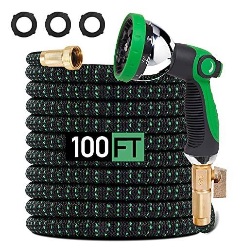 Retractable Water Hose 100FT Expandable Garden Hose with 10 Function Spray Nozzle 34 Inch Solid Brass Fittings and 4 Layer Latex Core Easy Storage Lightweight Flexible Hose for Watering