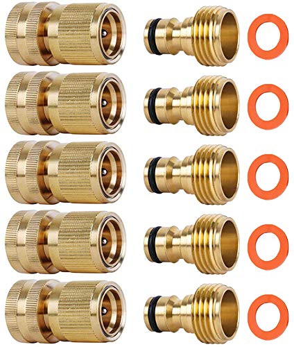 SHOWNEW Garden Hose Quick Connectors Solid Brass 34 inch GHT Thread Easy Connect Fittings NoLeak Water Hose Male Female Value Pack (5)