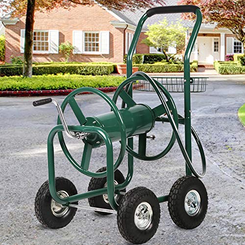 Garden Hose Reel Cart with Wheels Holds 300Feet of 58Inch Hose Heavy Duty Yard Water Planting 4 Wheels Outdoor Garden Lawn Water Truck with Storage Basket Green