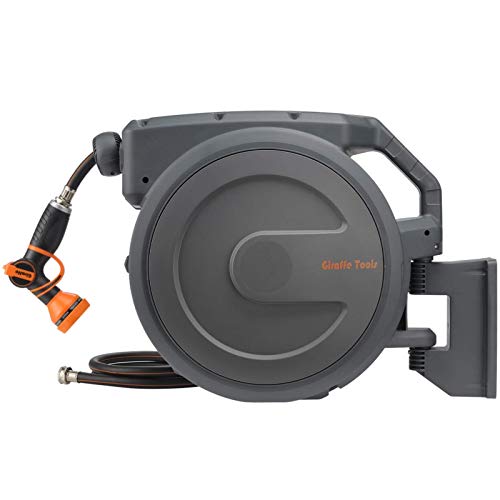 Giraffe Retractable Garden Hose Reel 12 100ft with 9 Pattern Hose Nozzle Wall Mounted Water Hose Reel Automatic Rewind with Any Length Lock and 180° Swivel Bracket