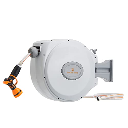 Giraffe Retractable Garden Hose Reel 58 in x 614 ft Wall Mounted Water Hose Reel Automatic Rewind with Any Length Lock Slow Return 9 Pattern Hose Nozzle 180° Swivel Bracket