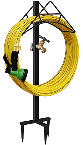 Artigarden Garden Hose Holder Stake with Brass Faucet  Free Standing Metal Water Pipe Stand Heavy Duty Storage Hanger Organizer for Outdoor Lawn  Yard