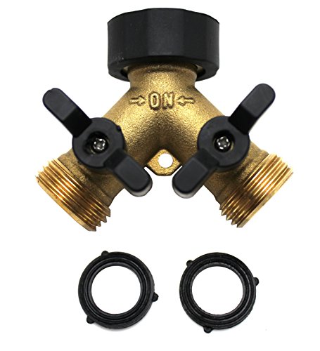 Kasian House Heavy Duty Brass Garden Hose Splitter Y Valve 2 Way Connector for Outdoor Faucet Outside Water Bib Spigot Adapter Large Comfort Grip Handles 2 Extra Rubber Washers