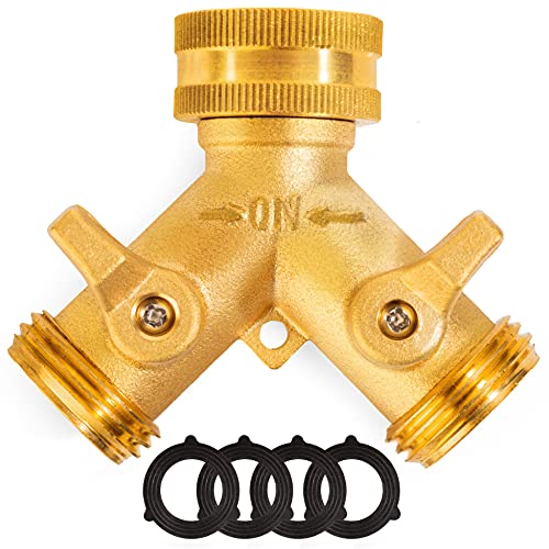 Renator Garden Hose Splitter 2 Way Heavy Duty Brass Water Hose Splitter Faucet Spigot Hose Bib Y Splitter for outdoor use Double Valve Adapter Plus 2 Rubber Washers  Tape Double Hose Connector