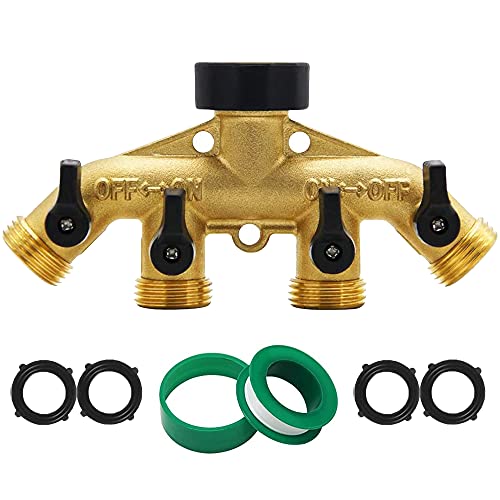 Splittars​ 4 Way Garden Hose Splitter 100 Solid Brass Outdoor Faucet Spigot Splitter Water Hose Splitter Hose Manifold 4 outlets independent onoff valves 4 rubber washers 34 Hose Connector