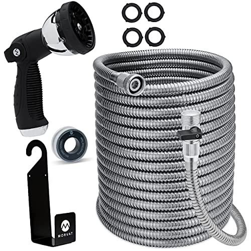 Morvat Stainless Steel Expandable Garden Hose 150 FT Metal Water Hose Garden hose Water Pipe Flexible Hose ONOFF Brass Connection 10 Pattern Hose Sprayer Nozzle Hose Holder Washers  Teflon Tape