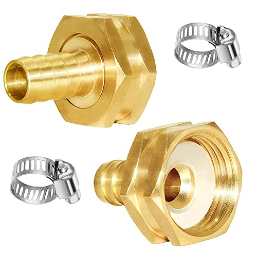 Joywayus 2Pcs 12 Barb x 34 Female GHT Thread Swivel Hex Brass Garden Water Hose Pipe Connector Copper Fitting with Stainless Clamp HouseBoatLawnPower WashIrrigation