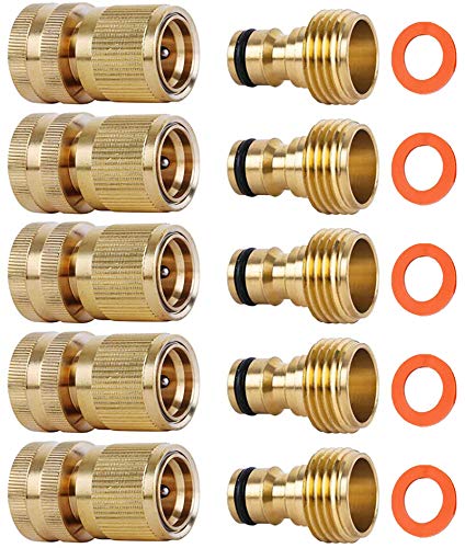 SHOWNEW Garden Hose Quick Connectors Solid Brass 34 inch GHT Thread Easy Connect Fittings NoLeak Water Hose Male Female Value Pack (5)