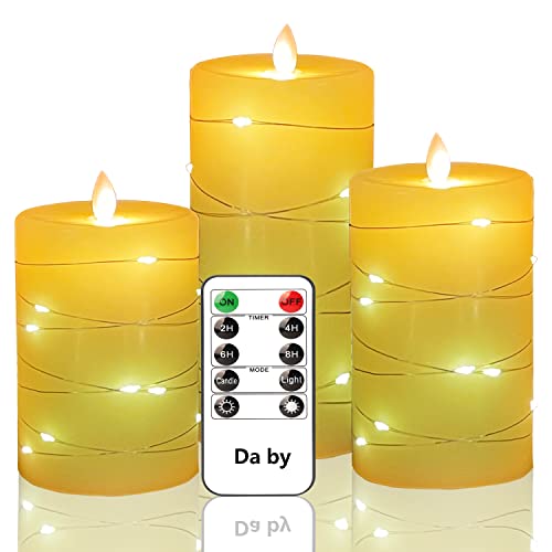 Flameless Candles with Embedded String Lights Da by 3Piece LED Candles with 10Key Remote Control 24Hour Timer Function Dancing Flame Real Wax BatteryPowered(Batteries not Included)