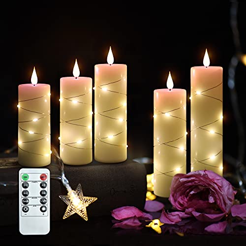 Flickering Flameless Candles with Embedded Starlight String3D TeardropShaped Wick 5Piece LED Candle Sets with BatteryPowered Pillar Real Wax Remote Control Timer (Lvory White)