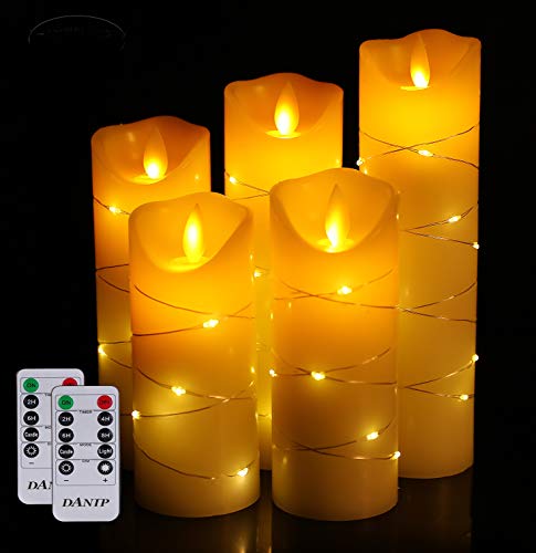 LED flameless Candle with Embedded Starlight String DANIP 5Piece LED Candle with 10Key Remote Control 24Hour Timer Function Dancing Flame Real Wax BatteryPowered (Ivory White)