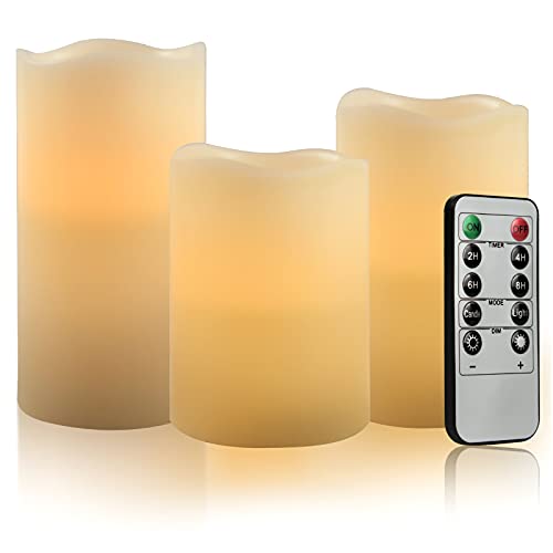 VETOUR Battery Operated Candle Remote Control Flameless LED Electric Set of 3 Ivory Real Wax Pillar Flicker Candle with Timer Home Outdoor Realistic Bright Fake Luminare Powered Cylinder Light