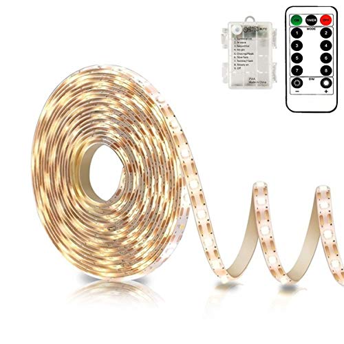 echosari Battery Powered Led Strip Lights with Remote Warm White 8 Modes Dimmable Timer SelfAdhesive Cuttable Waterproof 98FT 90Led Strip Lights for TV Kitchen Cupboard Bedroom Decor