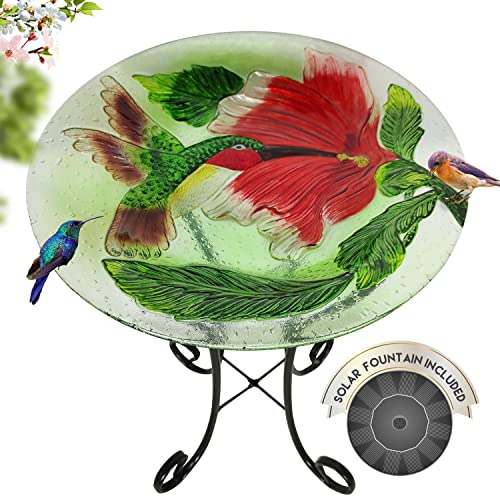 Grateful Gnome Bird Baths for Outdoors Patio Garden Backyard Hand Painted Glass Bowl Red Ruby Flower Large 18 inch Bird Baths with 22 inch Tall Metal Stand  Includes A Free Solar Fountain