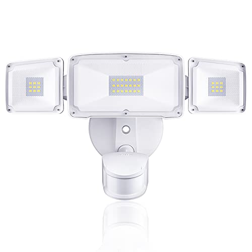 Amico 3 Head LED Security Lights with Motion Sensor Adjustable 40W 4000LM 5000K IP65 Waterproof Exterior Flood Light for Garage Yard（White)