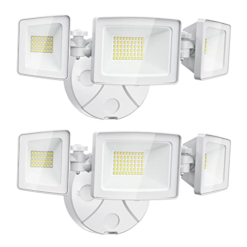 Olafus 50W Flood Lights Outdoor 5000LM Super Bright LED Security Light 3 Adjustable Heads 6000K IP65 Waterproof Wall Mount Floodlight with Switch Controlled for Garage Garden Patio Porch (2 Pack)