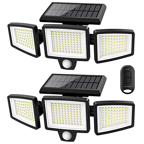 Solar Outdoor Lights Tuffenough 2500LM 210 LED Security Lights with Remote Control3 Heads Motion Sensor Lights IP65 Waterproof270° Wide Angle Flood Wall Lights with 3 Modes(2 Packs)
