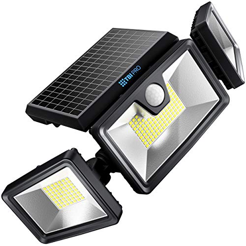 TBI Security Solar Lights Outdoor 216 LED 2200LM 6500K 7W  ExtraWide Adjustable 360° 3 Heads with 3 Modes Wireless Motion Sensor 40ft  Waterproof IP65 Spot Flood Lights Solar Powered 2200mah