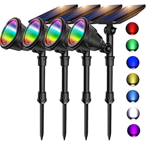 Color Changing Solar Spot Lights Outdoor9 Lighting Options Solar Landscape Spotlight Waterproof 2in1 Wall Lamp RGB Lighting for Garden Path Patio Yard Driveway Tree Flag Holiday Decoration 4 Pack
