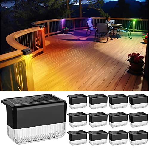 JACKYLED 12 Pack Solar Deck Lights Outdoor LED Step Lights with 2 Lighting Modes (Warm WhiteRGB) Waterproof Solar Fence Decorative Lights for Post Railing Garden Steps Pathway Patio Stairs Black