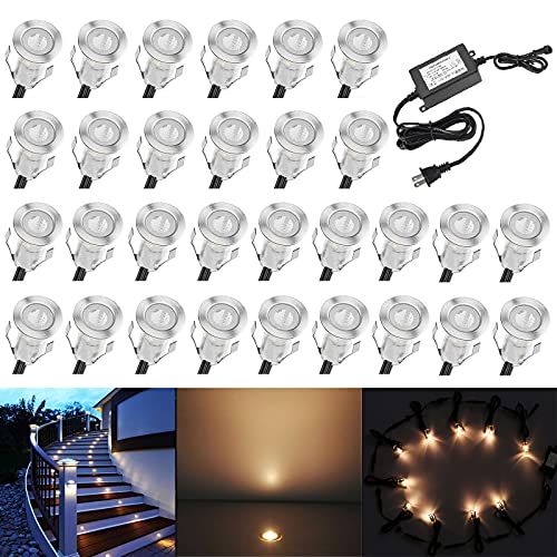 QACA 07 Tiny Warm White LED Deck Light Kit Stainless Steel Waterproof Recessed Wood Decking Stairs Garden Yard Patio Decor Lamp Low Voltage Outdoor LED Lighting Pack of 30