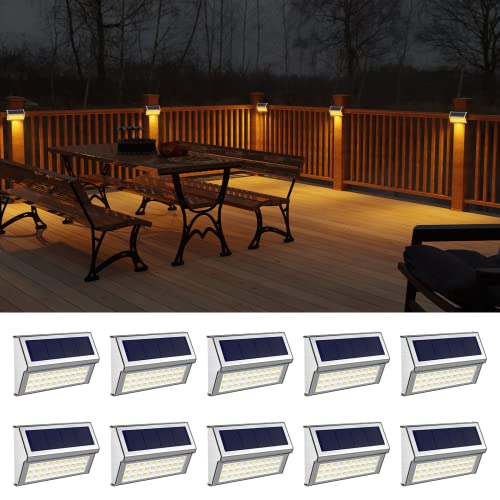 ROSHWEY Deck Lights Outdoor 10 Pack 30 LED Stainless Steel Solar Powered Outdoor Lights Waterproof Backyard Lights for Deck Patio Porch Step Railing Warm White Light