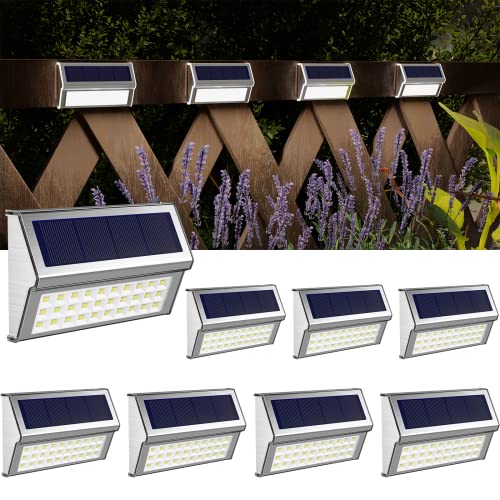 ROSHWEY Solar Lights Outdoor 8 Pack Solar Fence Lights with 30 LED Waterproof Solar Deck Lights for Garden Walkway Backyard Pathway  Cool White