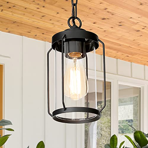 LALUZ Outdoor Pendant Light Matte Black Exterior Hanging Lantern AntiRust Outdoor Hanging Light Fixture with Clear Glass Farmhouse Outdoor Porch Chandelier for Gazebo Patio Yard 10