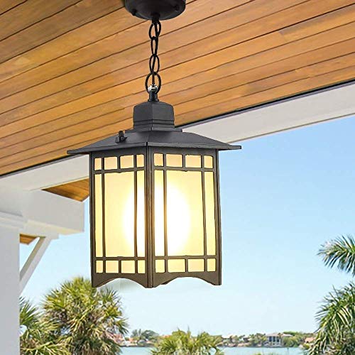 Liunce IP54 Creative Square Garden Courtyard Pavilion Pendant Lamp Terrace Porch Balcony Waterproof Chandelier Retro Die Cast Aluminum Frosted Glass Lantern Outdoor Hanging Light Edison E27