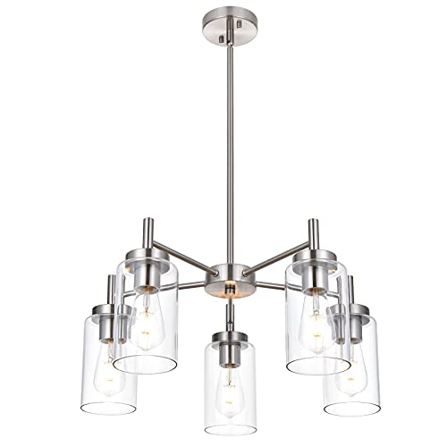 VINLUZ Contemporary 5 Light Large Chandeliers Modern Clear Glass Shades Pendant Lighting Brushed Polished Nickel Dining Room Lighting Fixtures Hanging Adjustable Wire Semi Flush Ceiling Lights