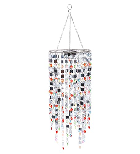 Wind  Weather Concentric Rings Silver and MultiColored Mirrored Outdoor Chandelier with Solar Lights Powered by Discreet Solar Panel in Top with Hanging Chain Included 8½ Dia x 29 H Chain 9¼L