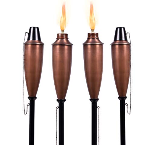 BIRDROCK HOME 4 Pack Round Outdoor Torches  Bronze  Flame Light Torch  Backyard Garden Patio Lighting  Metal Lamp  Decorative Urban Lantern