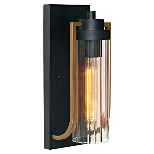 MOTINI Outdoor Wall Light Fixtures Black and Gold Aged Brass Exterior Wall Lantern Sconce Lighting Porch Lights Wall Mount with Clear Ribbed Glass Shade Bulb Included