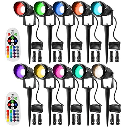 Junview RGB Color Changing Landscape Lights with Connectors 12V24V 8W Low Voltage Remote Control RGB LED Landscape Lighting IP66 Waterproof Yard Garden Outdoor Spotlights (10Pack with Connectors)