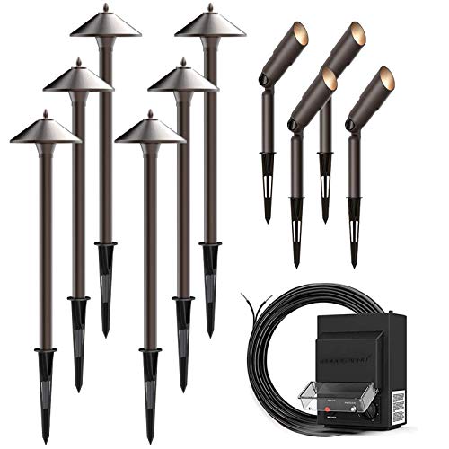 GOODSMANN Landscape Lighting Kit Low Voltage Transformer and 10Piece Low Voltage Flood Light with Metal Spike and Connector for Garden Pathway Driveway Outdoor 9920990310