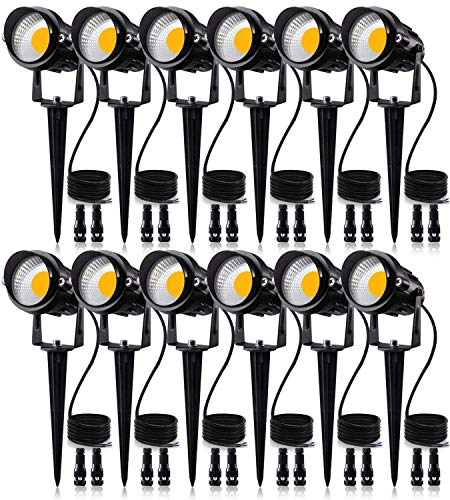 SUNVIE 12W Low Voltage LED Landscape Lights with Connectors Outdoor 12V Super Warm White (900LM) Waterproof Garden Pathway Lights Wall Tree Flag Spotlights with Spike Stand (12 Pack with Connector)