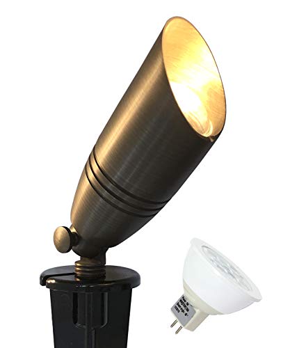 GKOLED UL Listed Solid Brass Landscape Spotlight Low Voltage Outdoor Directional Uplight with 5W MR16 LED Bulb  Large Rugged Slot Spike 12V ACDC Garden Patio Spot Up Light